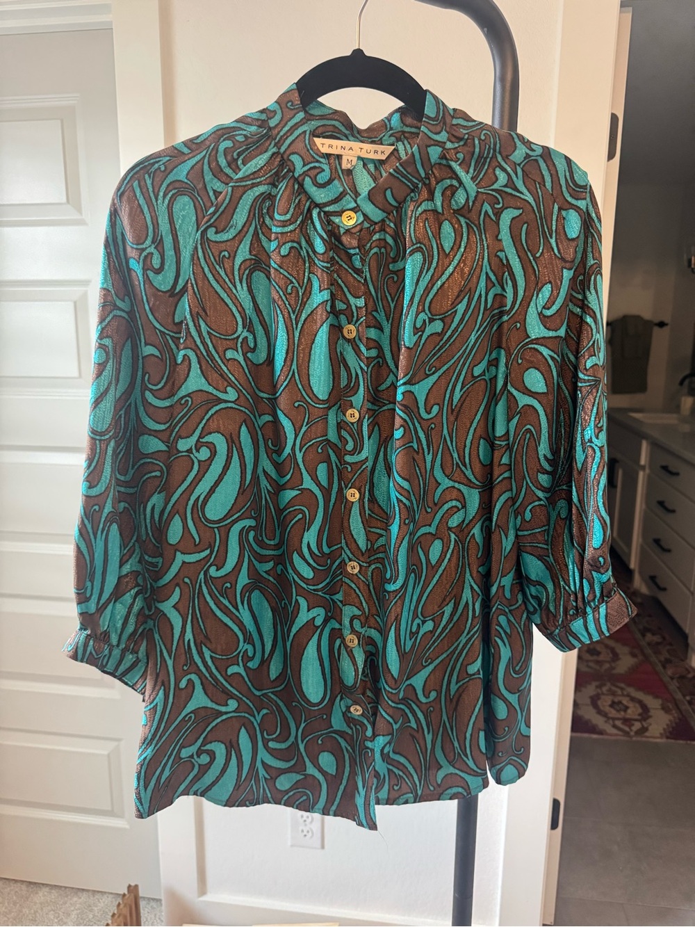 Trina Turk Teal & Brown Swirl Print Button-Down Shirt